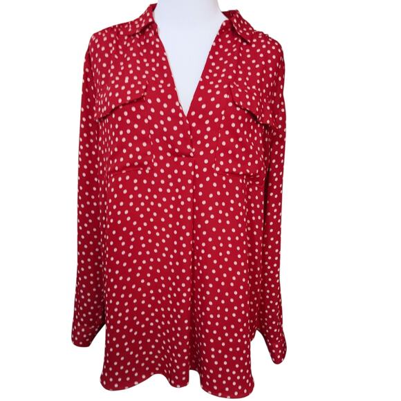 ANN‎ TAYLOR Classic Dressy Career Blouse Top Large Pockets Red Beige Polka Dots - Picture 1 of 9